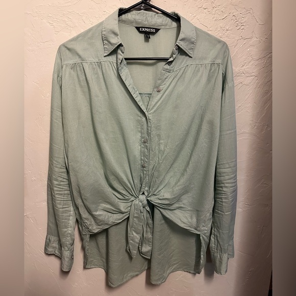 Express Tops - Express Green Tie Front Button Down Top - xsmall